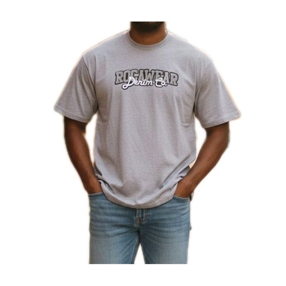 Vtg Y2K Rocawear Denim Mens 5XL Gray Graphic T-Shirt Chenille Logo Hip Hop